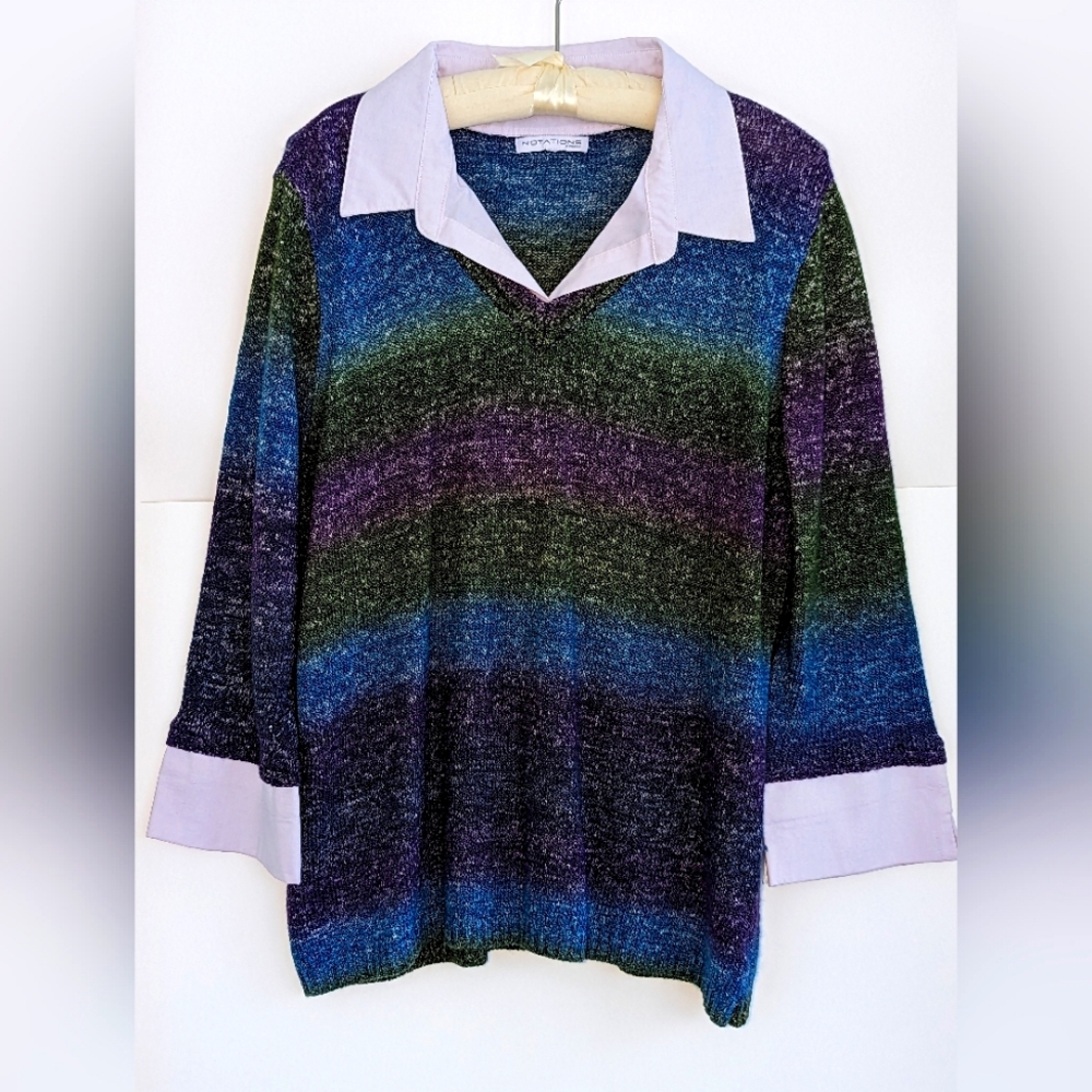 Vintage Notations Woman 1X Purple Multicolor Sweater Pullover Collar Stretch